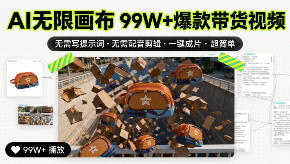 AI无限画布99W+爆款带货视频，无需写提示词·无需配音剪辑·一键成片·超简单-副业资源网