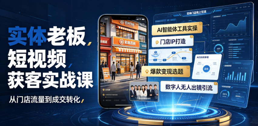 实体老板短视频获客实战课｜AI智能体工具全套实操、门店IP打造、爆款变现选题、数字人无人出镜引流完整教程-副业资源网