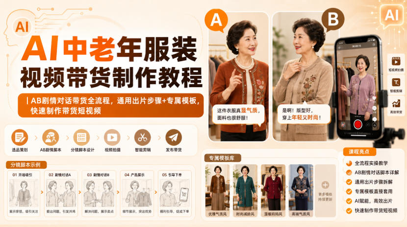 AI中老年服装视频带货制作教程｜AB剧情对话带货全流程，通用出片步骤+专属模板，快速制作带货短视频-副业资源网