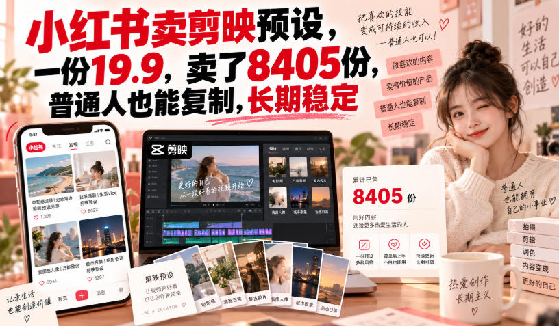 小红书卖剪映预设，一份19.9，卖了8405份，普通人也能复制，长期稳定-副业资源网