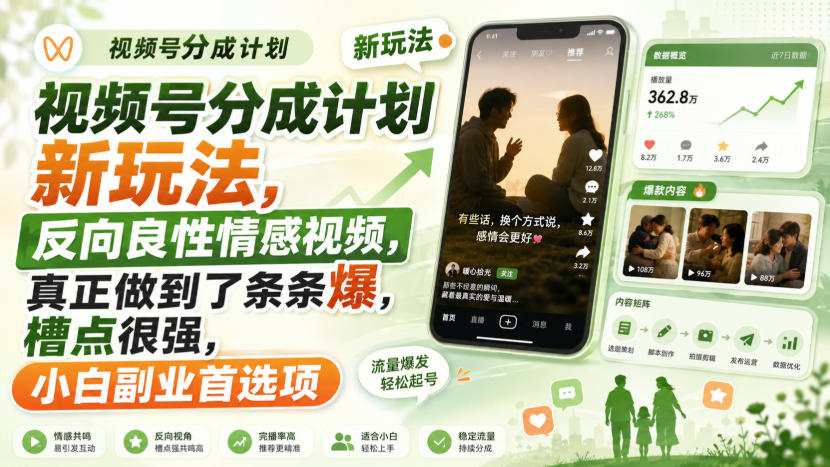 视频号分成计划新玩法，反向良性情感视频，真正做到了条条爆，槽点很强，小白副业首选项-副业资源网