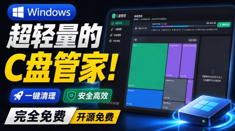 Windows超轻量的C盘管家！超级有特点，支持磁盘分析及清理提醒，2M大小体积，完全免费C盘管家-副业资源网