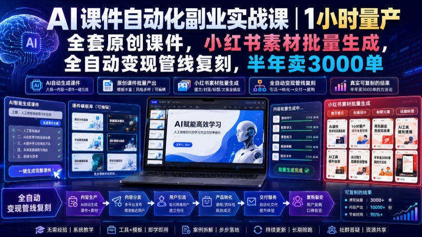 AI课件自动化副业实战课｜1小时量产全套原创课件，小红书素材批量生成，全自动变现管线复刻，半年卖3000单-副业资源网