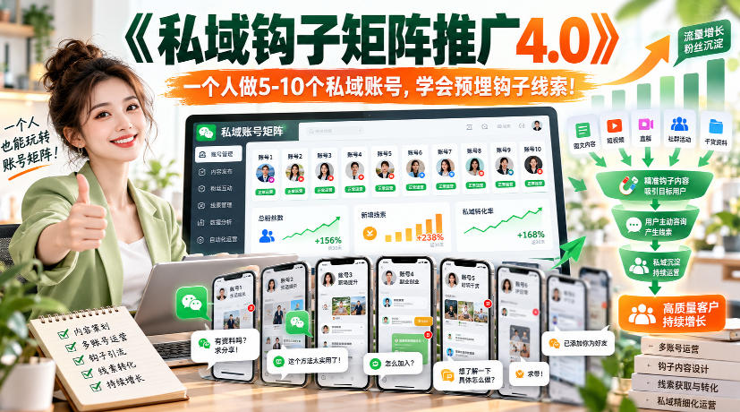 【无水印】《私域钩子矩阵推广4.0》一个人做5-10个私域账号，学会预埋钩子线索！-副业资源网