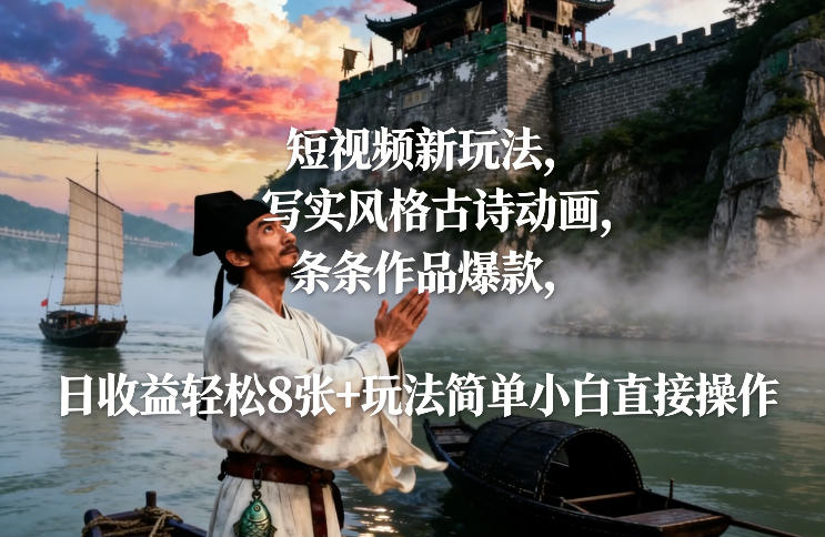 短视频新玩法，写实风格古诗动画，条条作品爆款，日收益轻松8张+玩法简单小白直接操作-副业资源网
