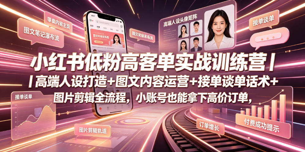 小红书低粉高客单实战训练营｜高端人设打造+图文内容运营+接单谈单话术+图片剪辑全流程，小账号也能拿下高价订单-副业资源网