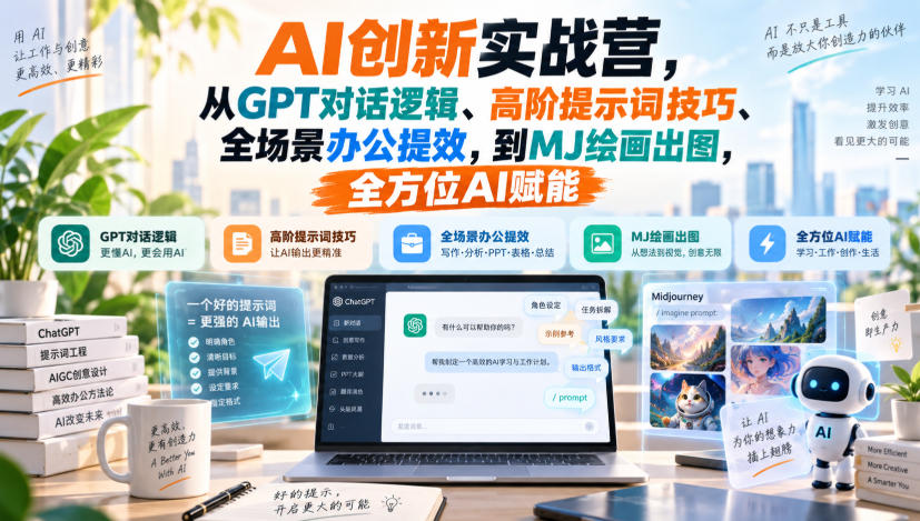 AI创新实战营，从GPT对话逻辑、高阶提示词技巧、全场景办公提效，到MJ绘画出图，全方位AI赋能-副业资源网