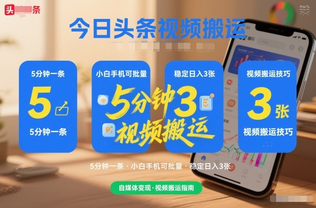 今日头条视频搬运，5分钟一条，小白手机可批量，稳定日入3张-副业资源网