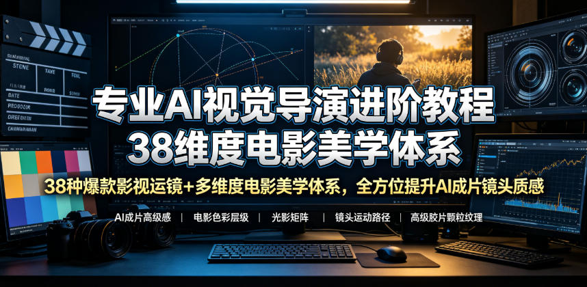 专业AI视觉导演进阶教程，38种爆款影视运镜+多维度电影美学体系，全方位提升AI成片高级感与镜头质感-副业资源网