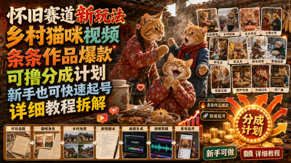 怀旧赛道新玩法,乡村猫咪视频,条条作品爆款,可撸分成计划,新手也可快速起号,详细教程拆解-副业资源网