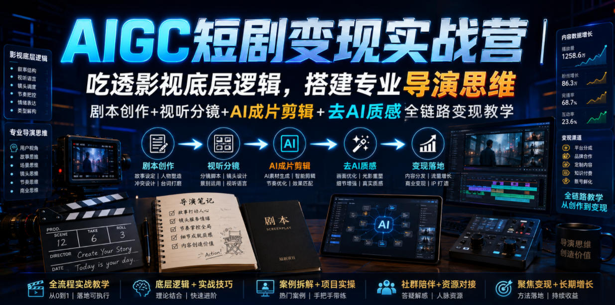 AIGC短剧变现实战营｜吃透影视底层逻辑，搭建专业导演思维，剧本创作+视听分镜+AI成片剪辑+去AI质感全链路变现教学-副业资源网