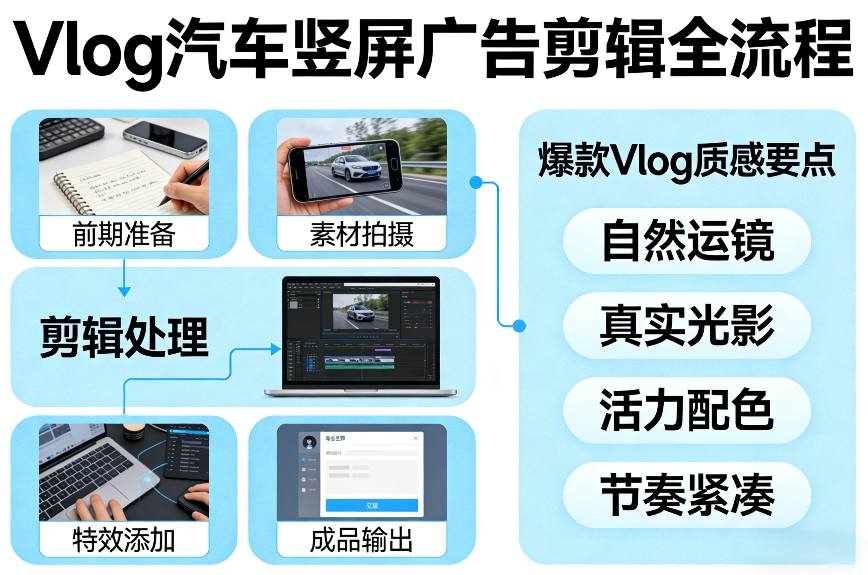 Vlog感觉汽车竖屏广告剪辑脚本全流程，拿捏爆款Vlog质感-副业资源网