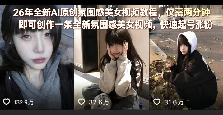 26年全新AI原创氛围感美女视频教程，仅需两分钟即可创作一条全新氛围感美女视频，快速起号涨粉-副业资源网