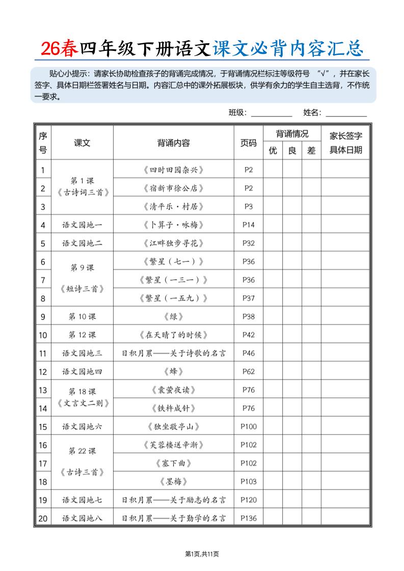 26春四下语文课文必背内容汇总（11页）-副业资源网