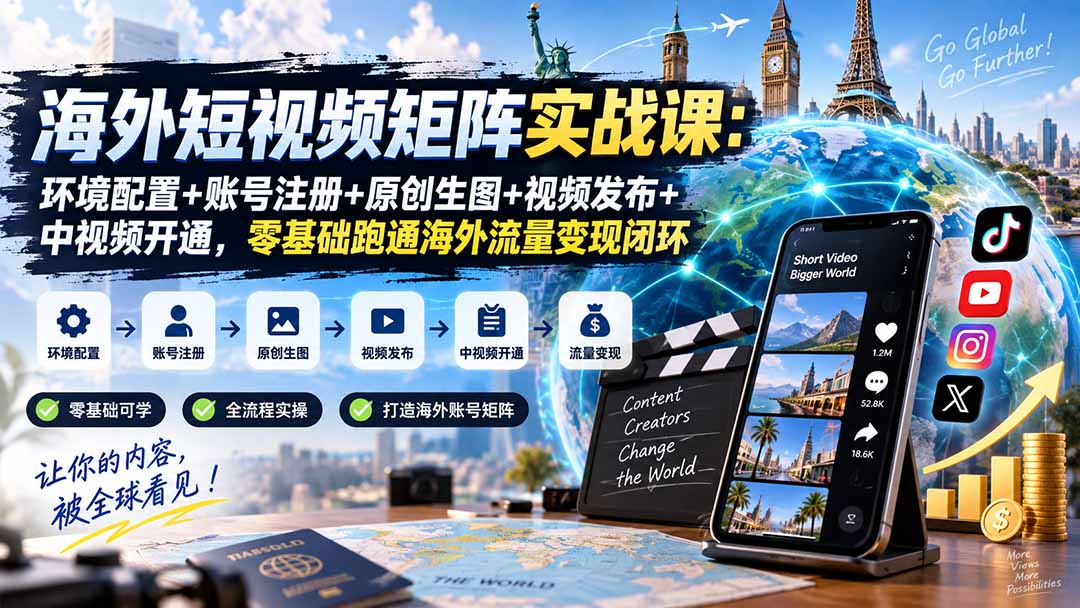 海外短视频矩阵实战课：环境配置+账号注册+原创生图+视频发布+中视频开通，零基础跑通海外流量变现闭环-副业资源网