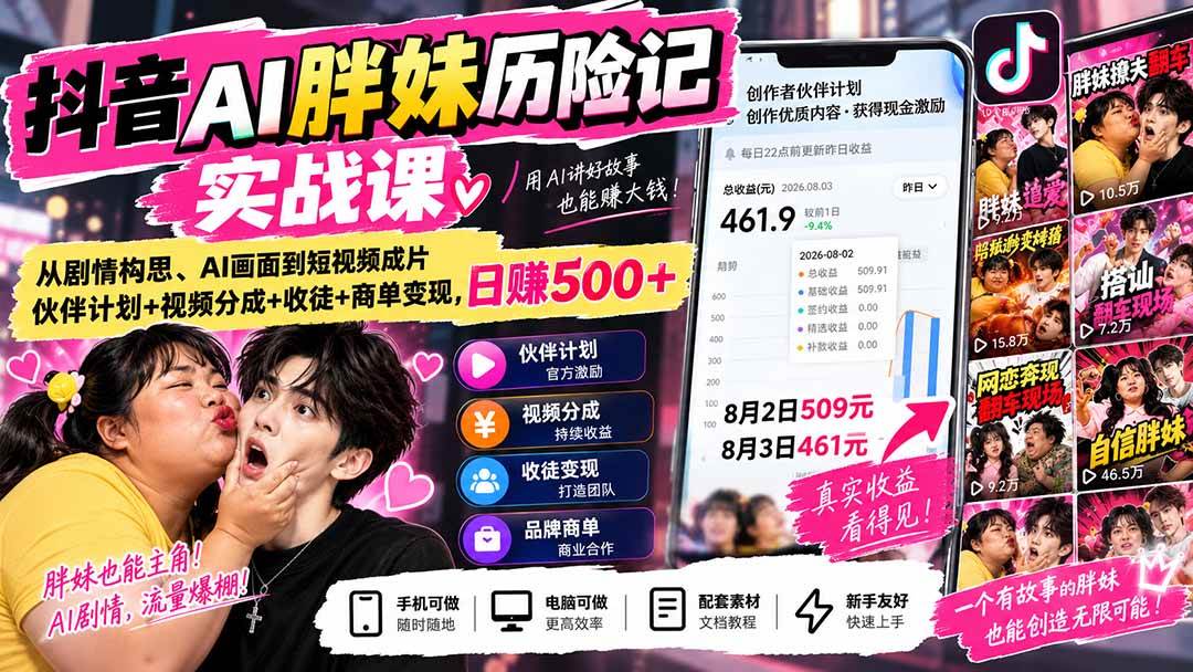 （20489期）抖音AI胖妹历险记实战课：从剧情构思、AI画面到短视频成片，伙伴计划+视频分成+收徒+商单变现，日赚500+-副业资源网