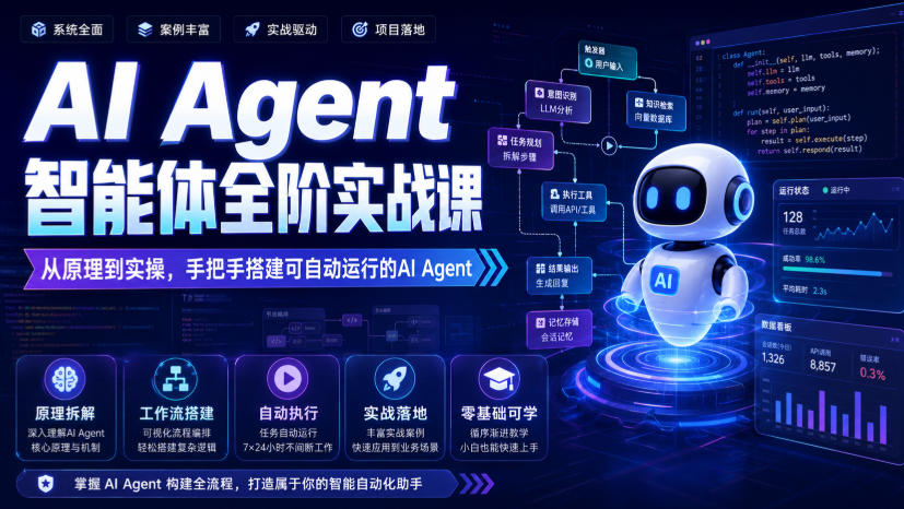 AI Agent智能体全阶实战课,从原理到实操,手把手搭建可自动运行的AI Agent-副业资源网