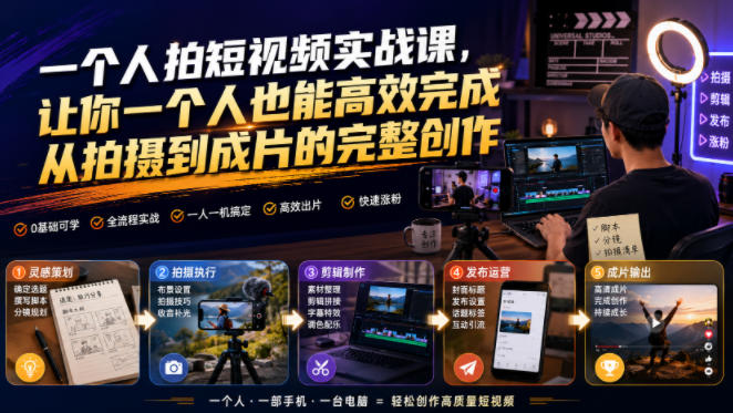 一个人拍短视频实战课，让你一个人也能高效完成从拍摄到成片的完整创作-副业资源网