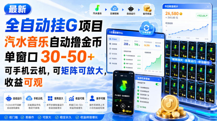 最新全自动挂G项目,汽水音乐自动撸金币单窗口30-50+,可手机云机,可矩阵可放大,收益可观-副业资源网