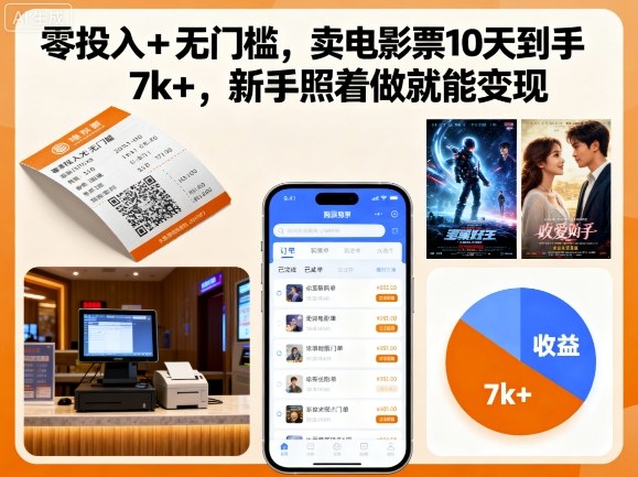 零投入+无门槛，卖电影票10天到手7k+，新手照着做就能变现【揭秘】-副业资源网