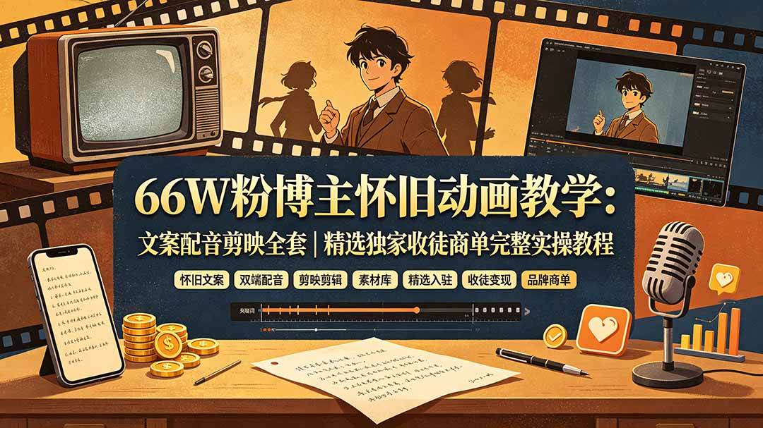 （19499期）66W粉博主怀旧动画教学：文案配音剪映全套｜精选独家收徒商单完整实操教程-副业资源网