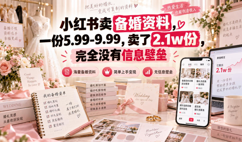 小红书卖备婚资料,一份5.99-9.99,卖了2.1w份,完全没有信息壁垒-副业资源网