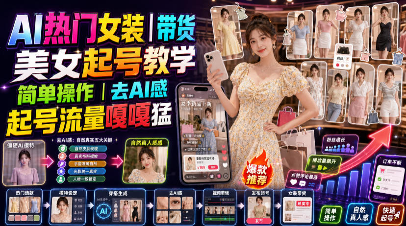 AI热门女装带货丨美女起号教学，简单操作，去AI感，起号流量嘎嘎猛-副业资源网