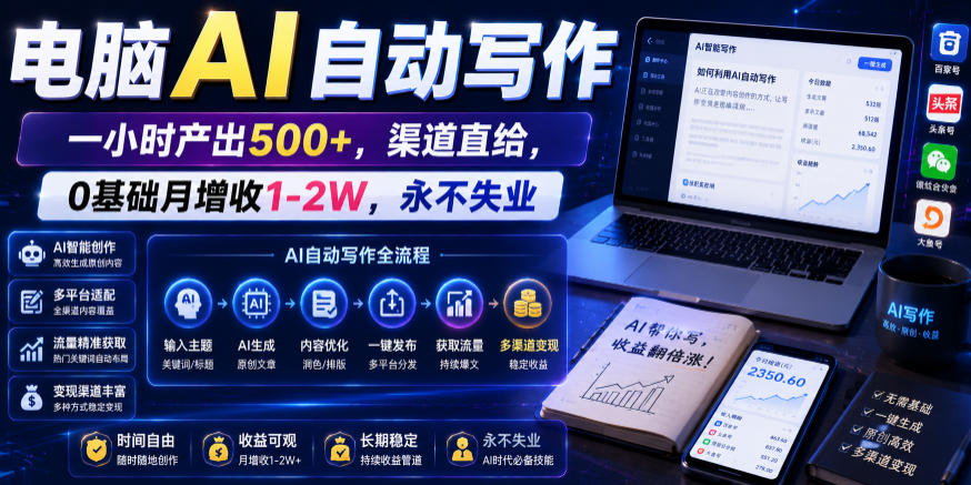 电脑AI自动写作，一小时产出500+，渠道直给，0基础月增收1-2W，永不失业【揭秘】-副业资源网