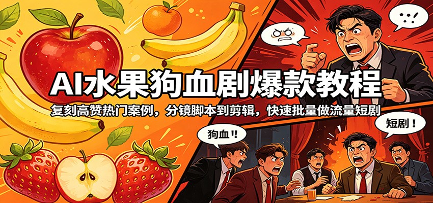 AI水果狗血剧爆款教程：复刻高赞热门案例，分镜脚本到剪辑，快速批量做流量短剧-副业资源网