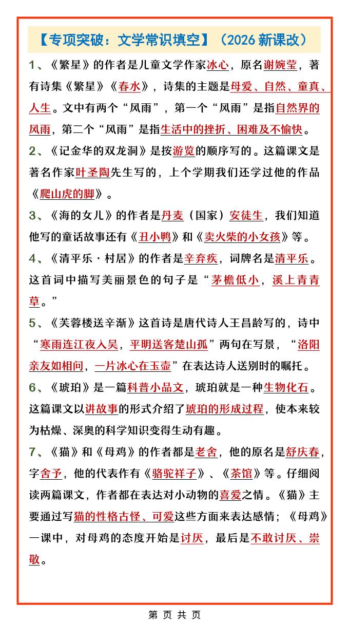 四年级下语文文学常识填空专项-副业资源网