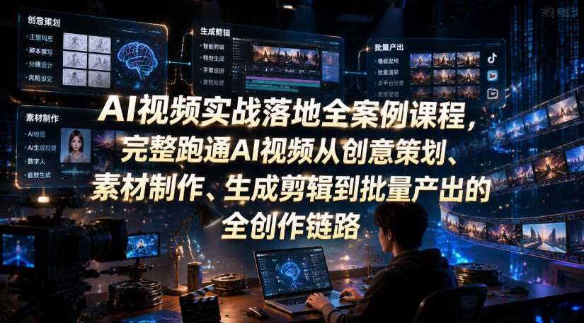 AI视频实战落地全案例课程，完整跑通AI视频从创意策划、素材制作、生成剪辑到批量产出的全创作链路-副业资源网