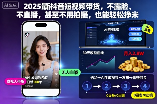 2025最新抖音短视频带货，不露脸、不直播，甚至不用拍摄，也能轻松挣米-副业资源网