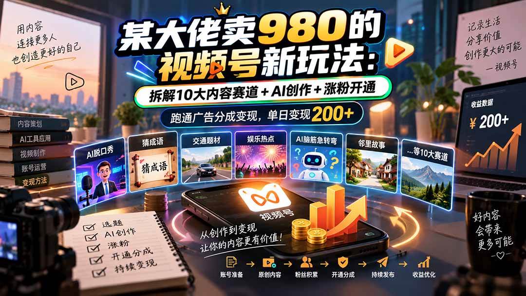 (20573期)某大佬卖980的视频号新玩法:拆解10大内容赛道+AI创作+涨粉开通,跑通广告分成变现,单日变现200+ (20573期)某大佬卖980的视频号新玩法:拆解10大内容赛道+AI创作+涨粉开通,跑通广告分成变现,单日变现200+