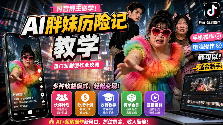 抖音博主的AI胖妹历险记教学，伙伴计划+分成计划+收徒+商单等多种收益，适合新手，手机电脑都可以操作-副业资源网