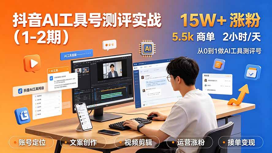 （19380期）抖音AI工具号测评实战（1-2期）：单号涨粉15W+×商单5.5k×伙伴计划×普通人可复制，每天2小时长期可持续-副业资源网