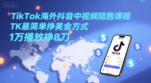 TikTok海外抖音中视频陪跑课程，TK最简单挣美金方式，1万播放挣8刀-副业资源网