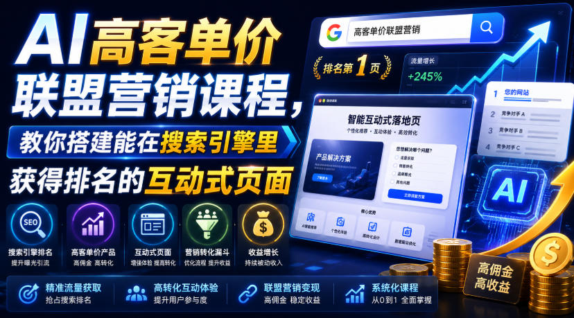 AI高客单价联盟营销课程，教你搭建能在搜索引擎里获得排名的互动式页面，引来流量，把访客转化为高佣金的成交【原创双语字幕】-副业资源网