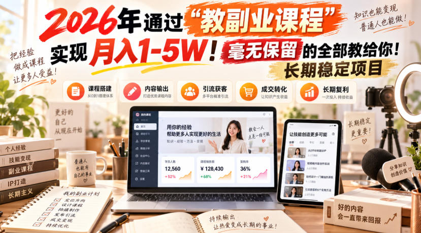 2026年通过“教副业”实现月入1-5W！毫无保留的全部教给你！长期稳定项目-副业资源网
