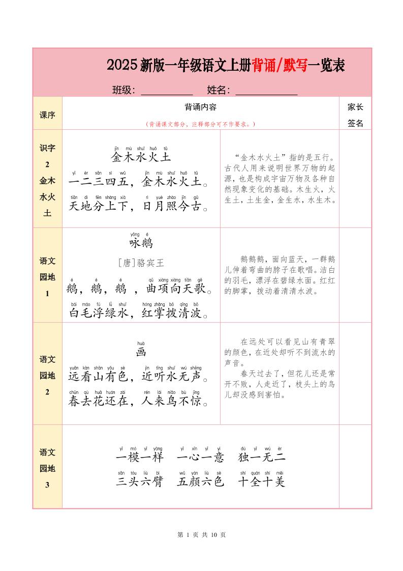 一上语文必背内容+默写表2025年9月-副业资源网