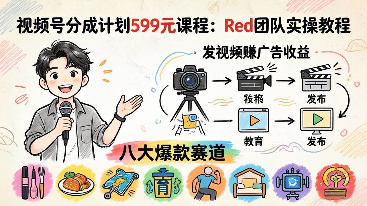 （18088期）视频号分成计划599元课程：Red团队实操教程，发视频赚广告收益，八大爆款赛道全掌握-副业资源网