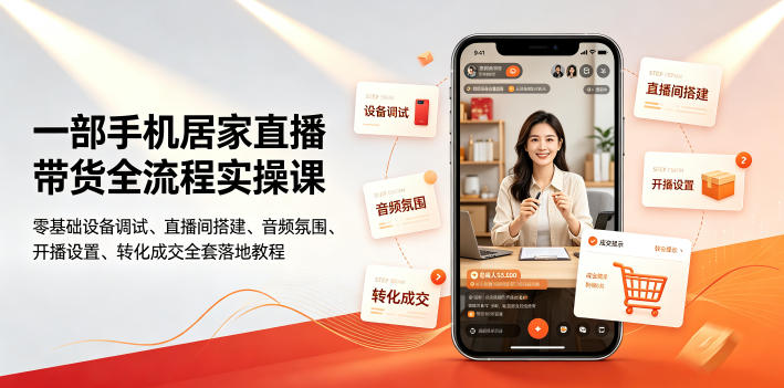 一部手机居家直播带货全流程实操课|零基础设备调试、直播间搭建、音频氛围、开播设置、转化成交全套落地教程-副业资源网