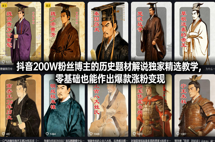 抖音200W粉丝博主的历史题材解说独家精选教学，零基础也能作出爆款涨粉变现-副业资源网