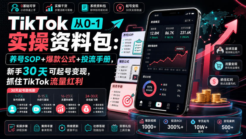TikTok从0-1实操资料包：养号SOP+爆款公式+投流手册，新手30天可起号变现，抓住TikTok流量红利-副业资源网