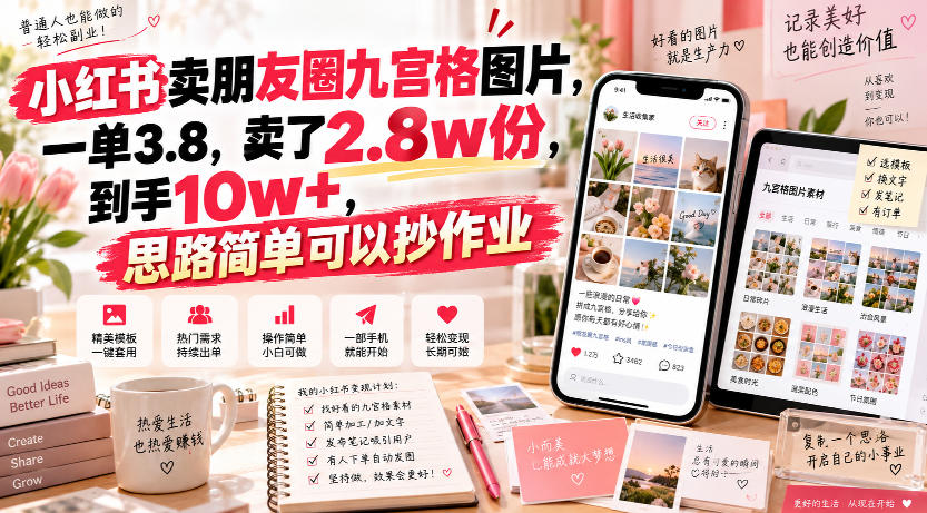 小红书卖朋友圈九宫格图片，一单3.8，卖了2.8w份，到手10w+，思路简单可以抄作业-副业资源网