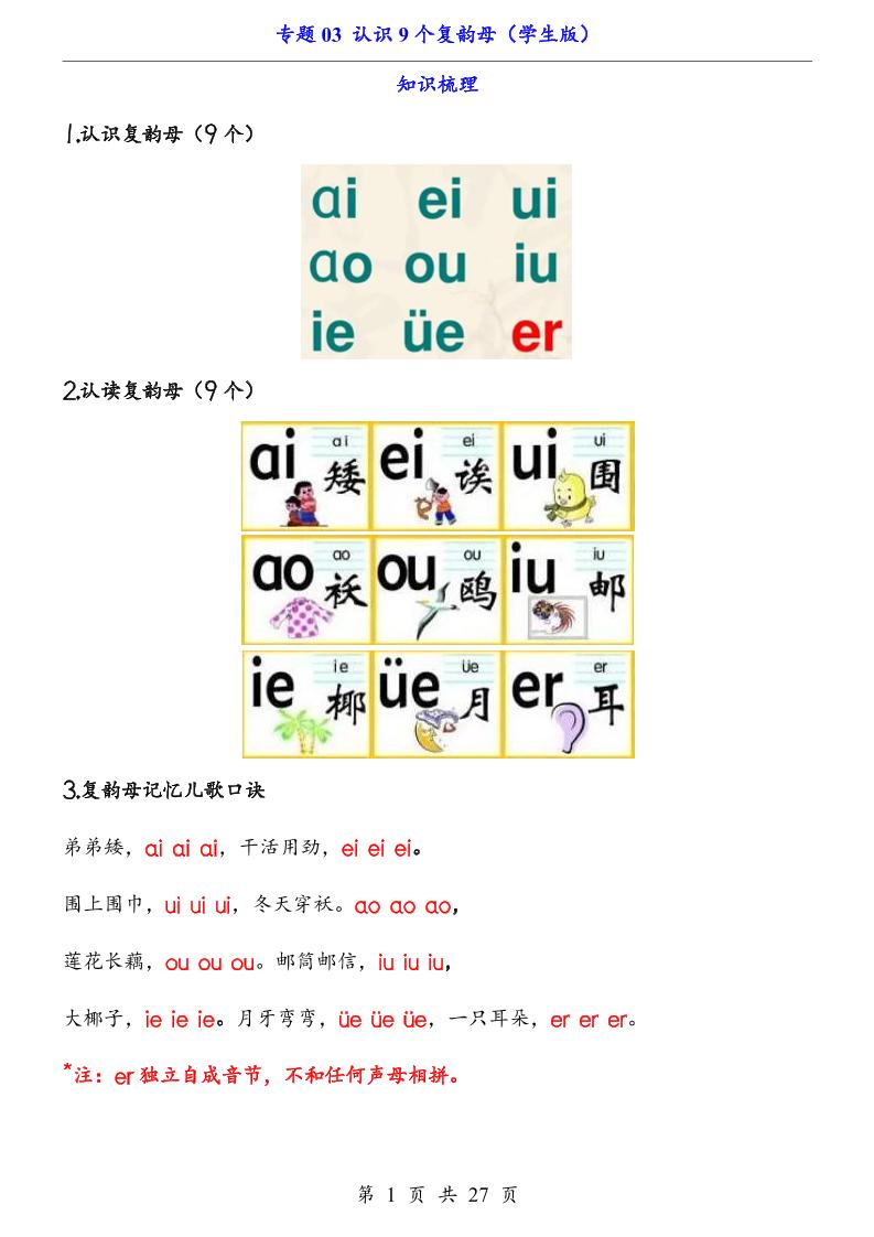 一上语文-专题03认识9个复韵母（知识+训练）-副业资源网
