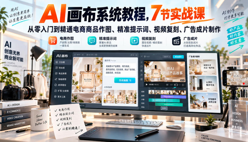 AI画布系统教程，7节实战课从零入门到精通电商商品作图、精准提示词、视频复刻、广告成片制作-副业资源网