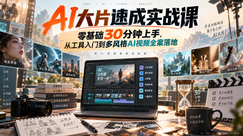 AI大片速成实战课｜零基础30分钟上手，从工具入门到多风格AI视频全案落地-副业资源网