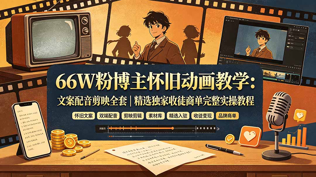 66W粉博主怀旧动画教学:文案配音剪映全套|精选独家收徒商单完整实操教程-副业资源网