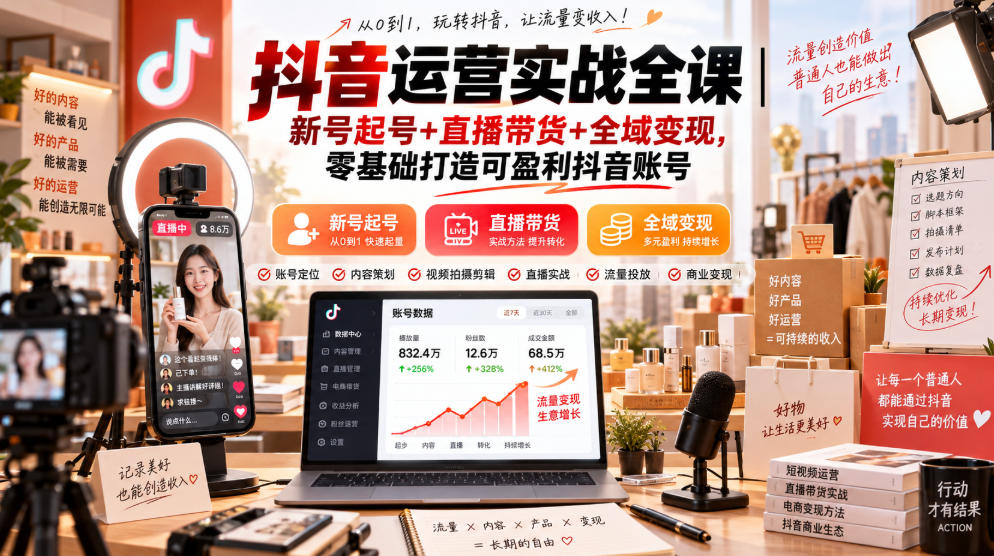 抖音运营实战全课|新号起号+直播带货+全域变现,零基础打造可盈利抖音账号-副业资源网