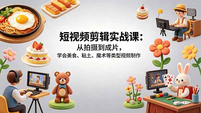 （18375期）短视频剪辑实战课：从拍摄到成片，学会美食、粘土、魔术等类型视频制作-副业资源网